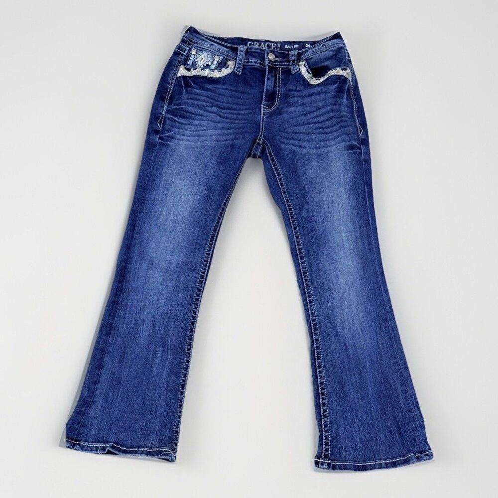 Grace in LA Women's Embellished Embroidered Bootcut Jeans Blue Size 26